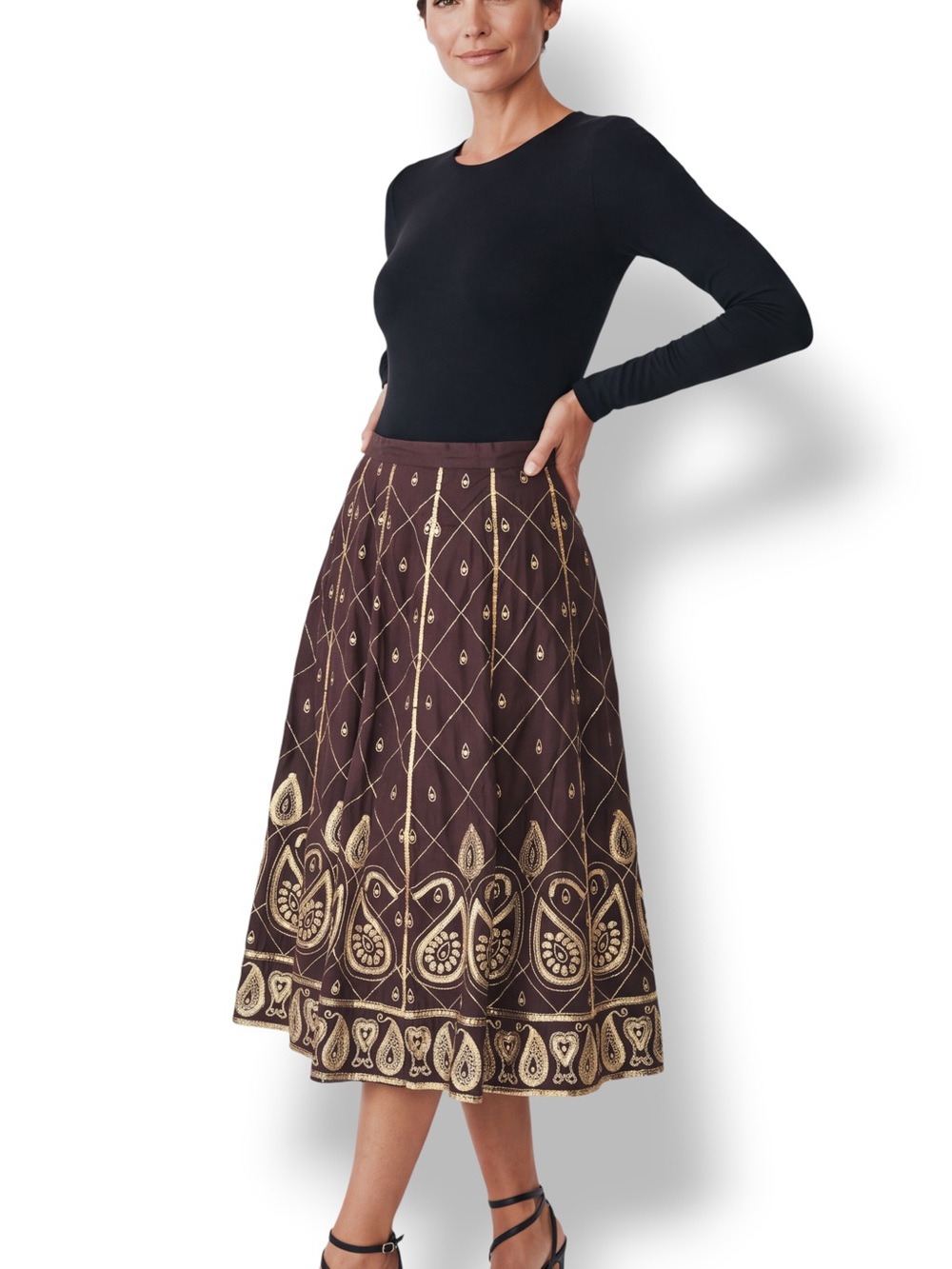 WD-NY Size 10 Brown Silk Gold Sequin Embroidered A-Line Midi Skirt